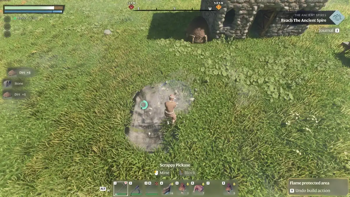 Enshrouded character is using a pickaxe to dig the ground for some dirt