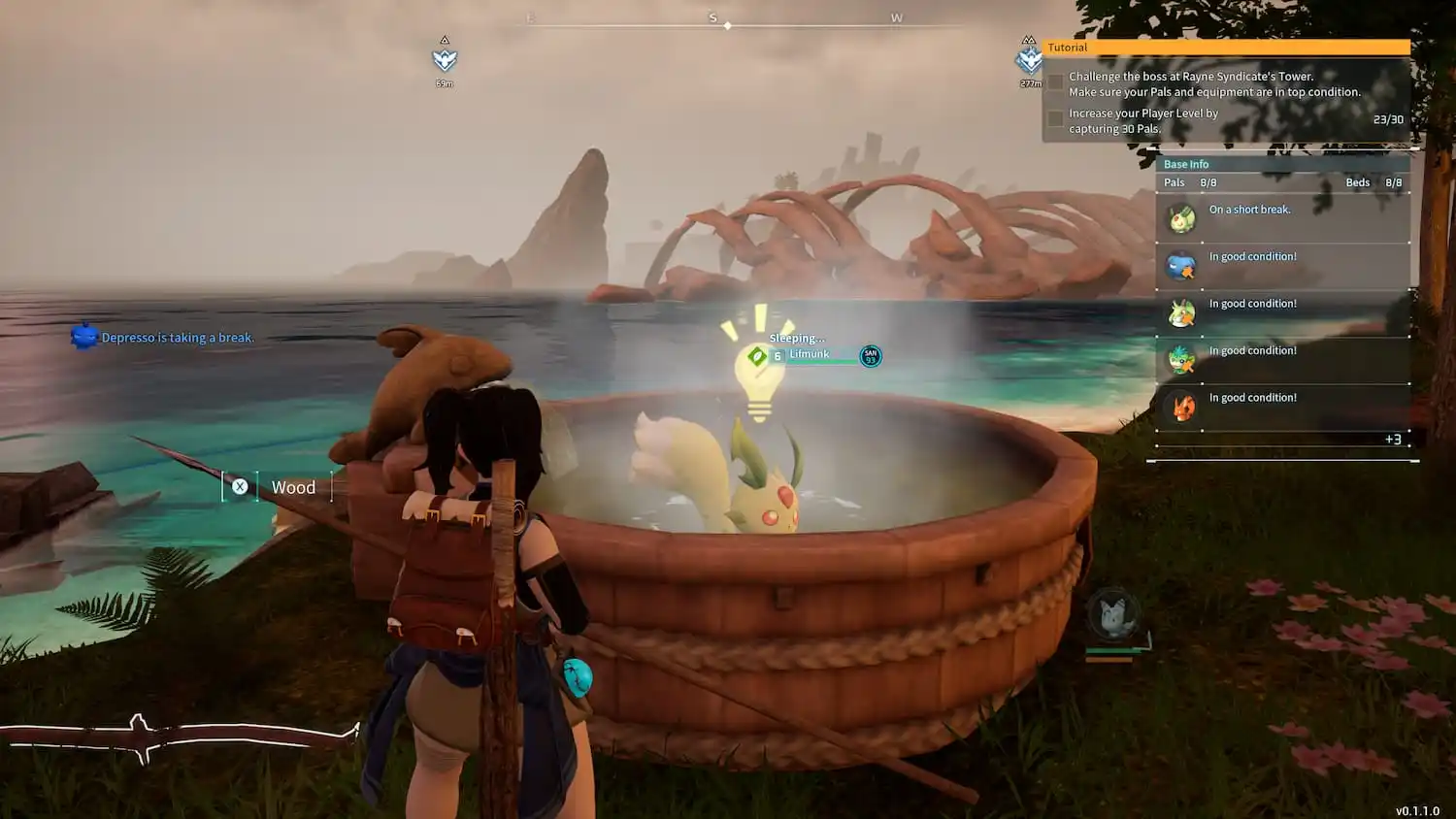 An in-game screenshot of Lifmun in the Hot Springs in Palworld