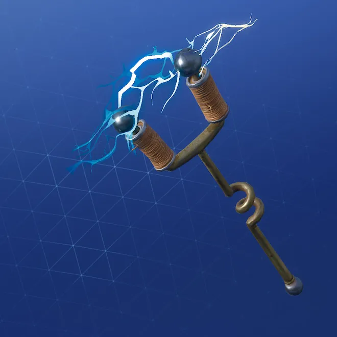 A two-pronged Tesla coil pickaxe with electricity arcing between the prongs.