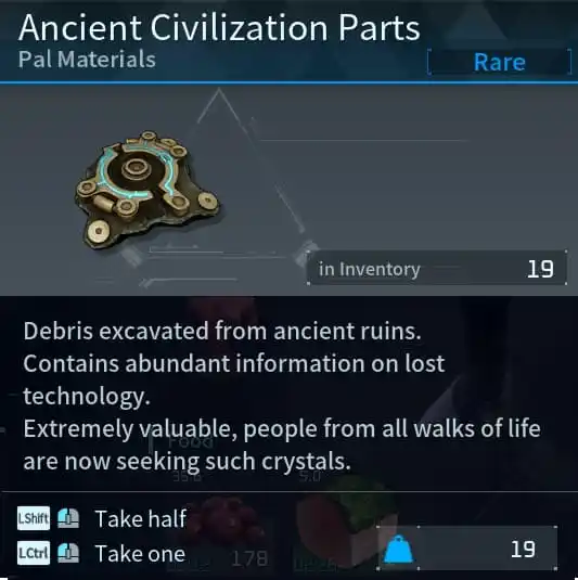 This screenshot from Palworld shows the description and icon for Ancient Civilization Parts, which appear as small cog-like items.