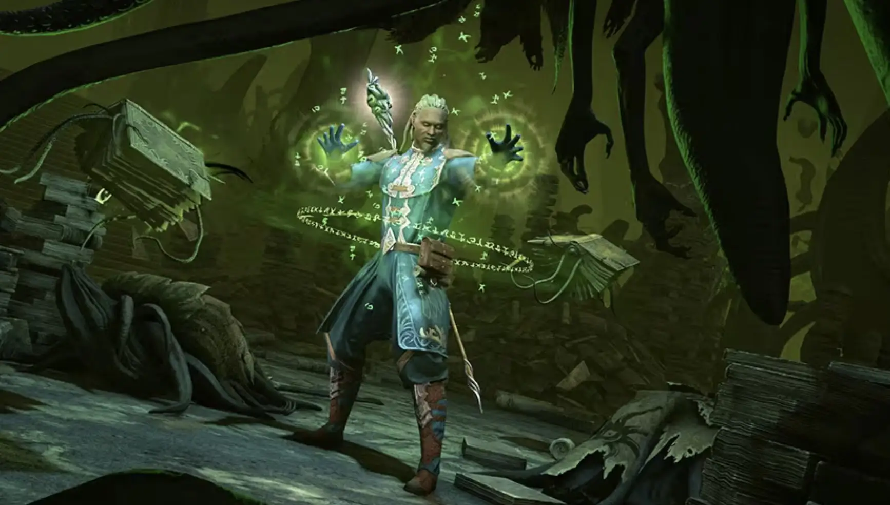 Azandar al-Cybiades, a Redguard Alchemist, stands with his hands raised and green, runic magic surrounding him.