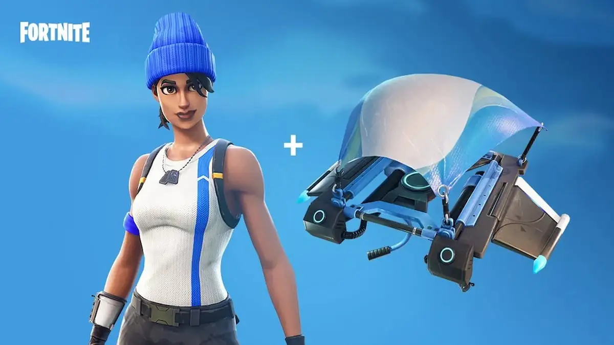 White and blue Fortnite skin with a sleeve-less shirt and a hat