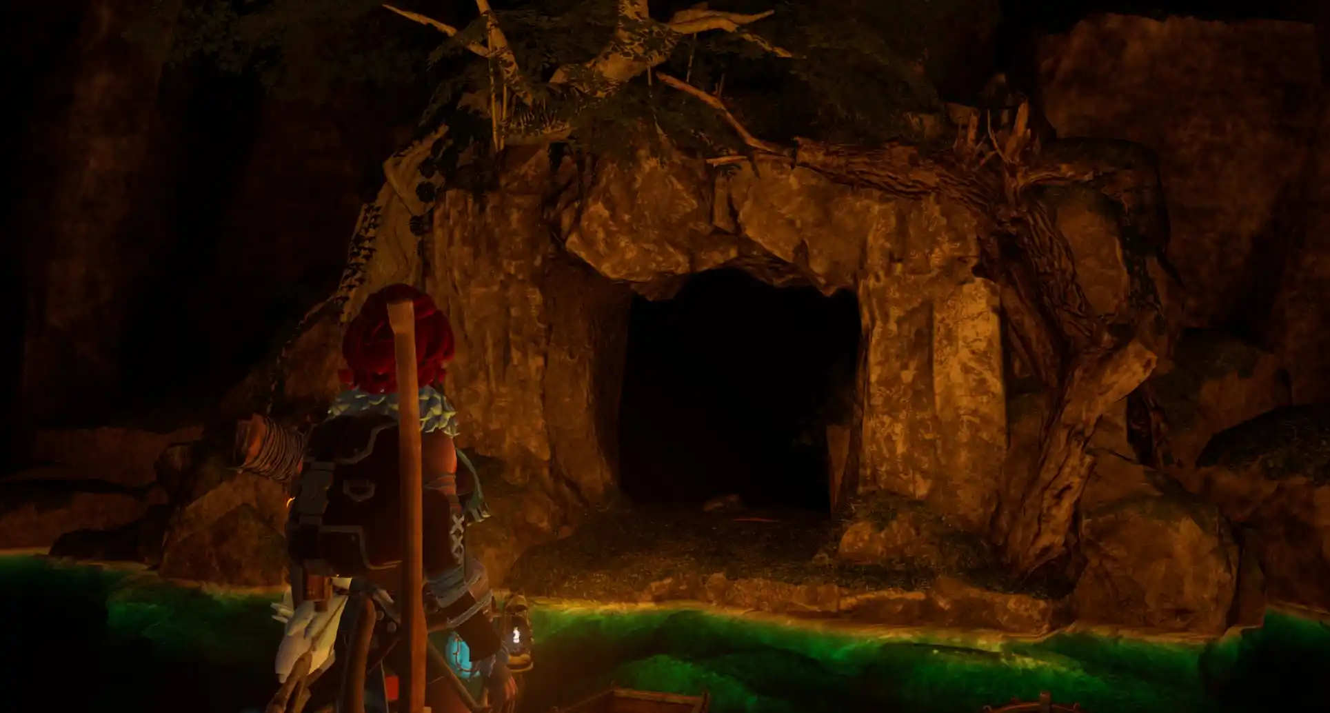 The player character in Palworld stands in front of an open cave at night across a small pond.