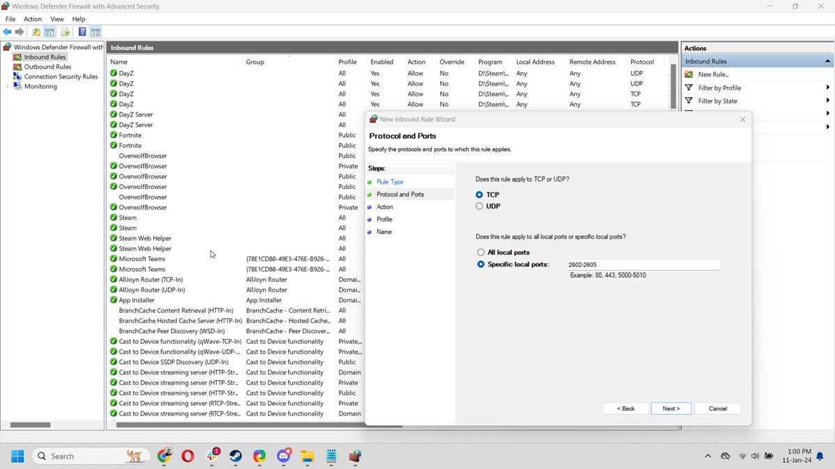 Showing Windows Defender firewall settings for port forwarding