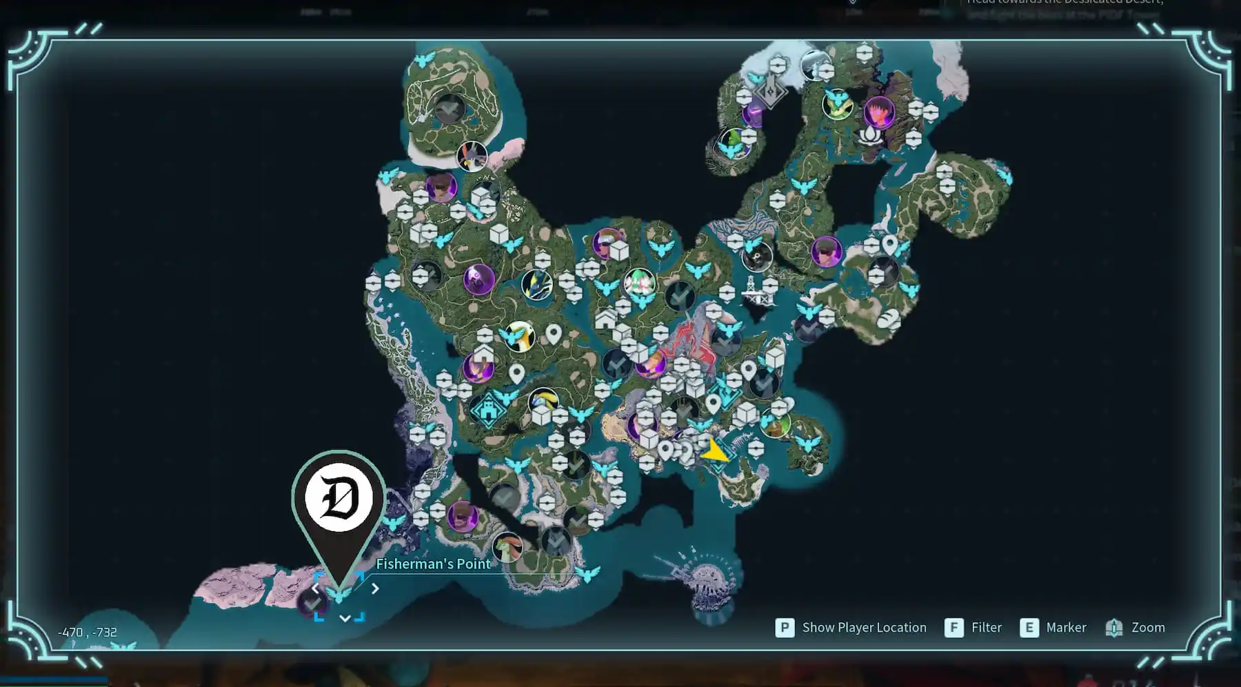 A screenshot from the Palworld map with a Dot Esports pin showing the location of where readers can find Fisherman's Point.