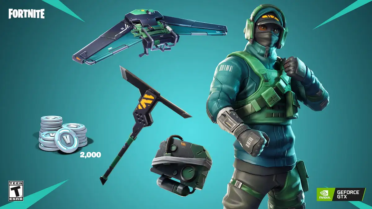 Green Fortnite skin with a headset, vest, and a dark mask