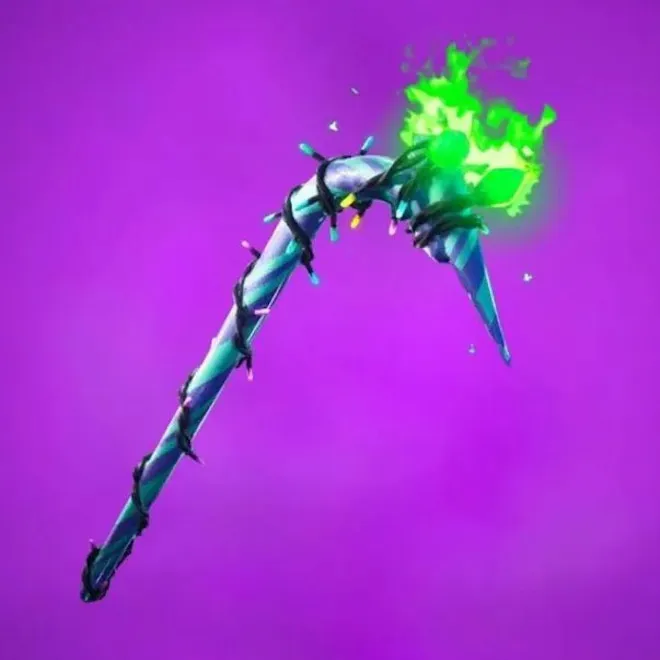 Minty Pickaxe in Fortnite, a sharp candy cane wrapped in Christmas lights with a glowing green end.