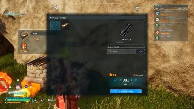 The crafting UI and recipe for Charcoal in Palworld sits above an Primitive Furnace.