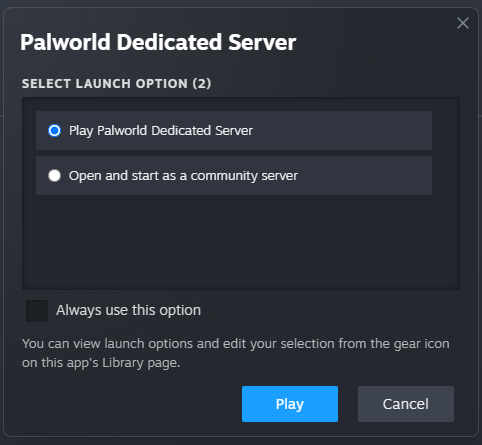 A screenshot of the Steam launch options for Palworld Dedicated Server