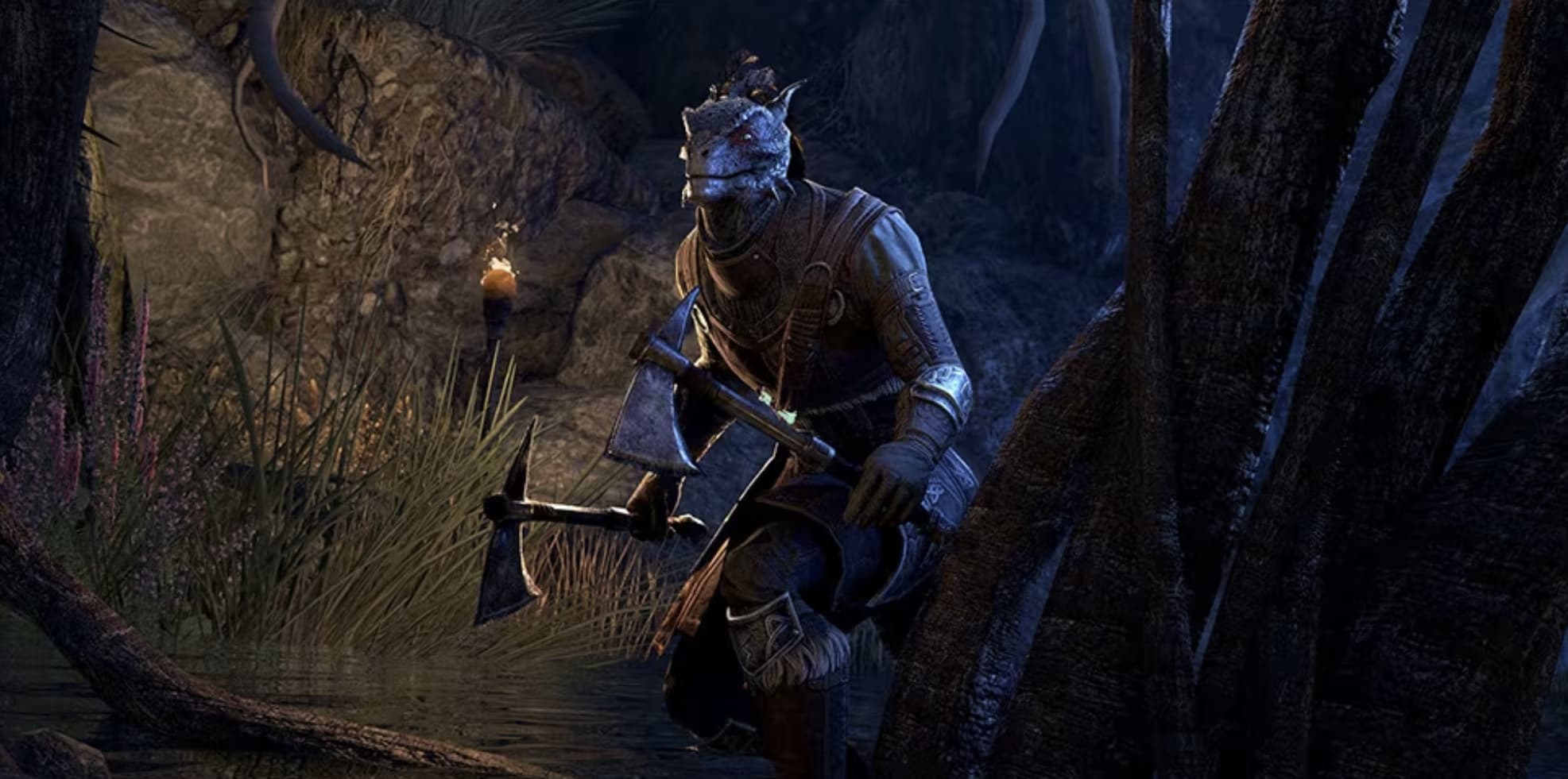 Sharp-as-night, an Argonian Warden from ESO, crouches with two axes in his hands against a murky swamp.