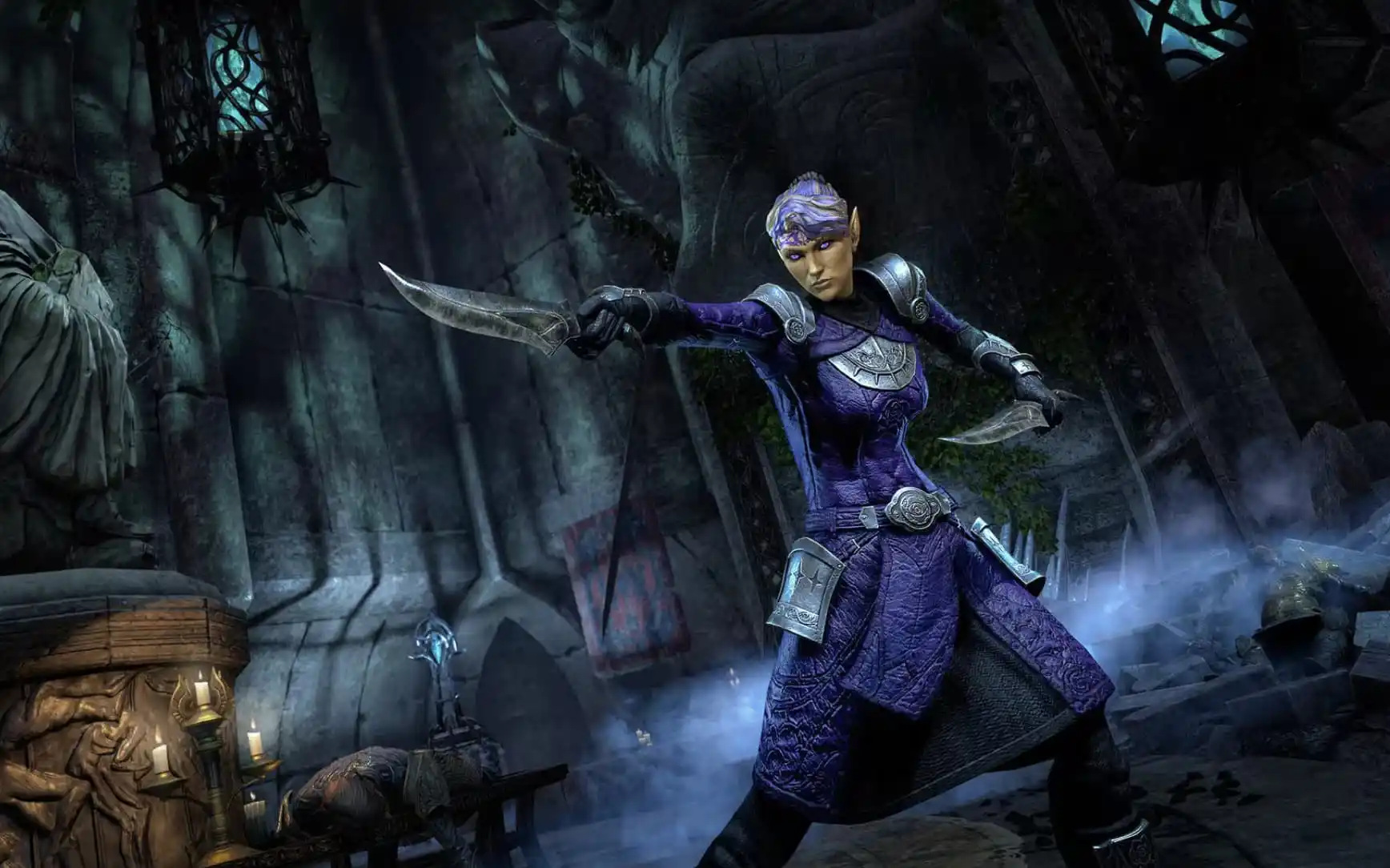 A High Elf in ESO lunges forward with a dagger in hand, staring menacingly ahead. She wears purple robes and has short brown hair pulled back into a bun,