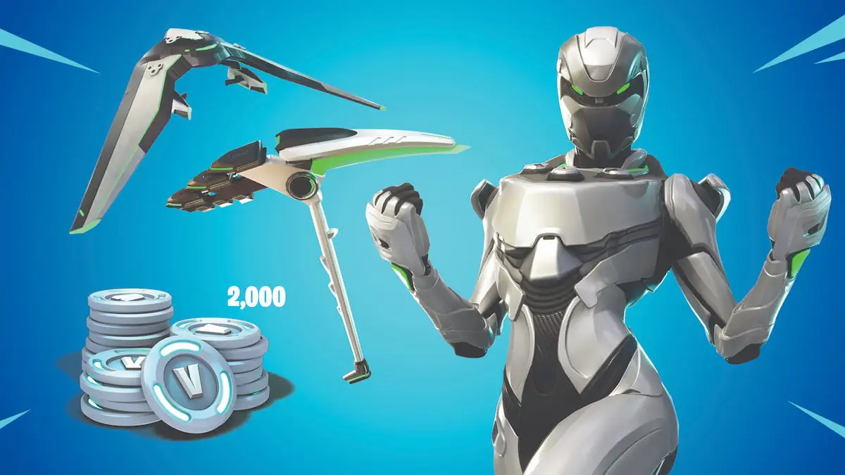 Silver Fortnite skin with green eyes and glow