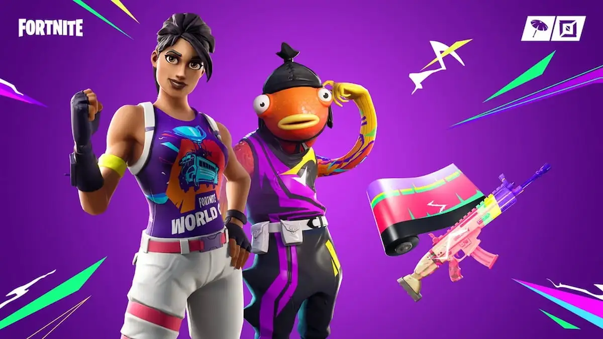 Fortnite skin wearing a purple World Cup shirt and white pants