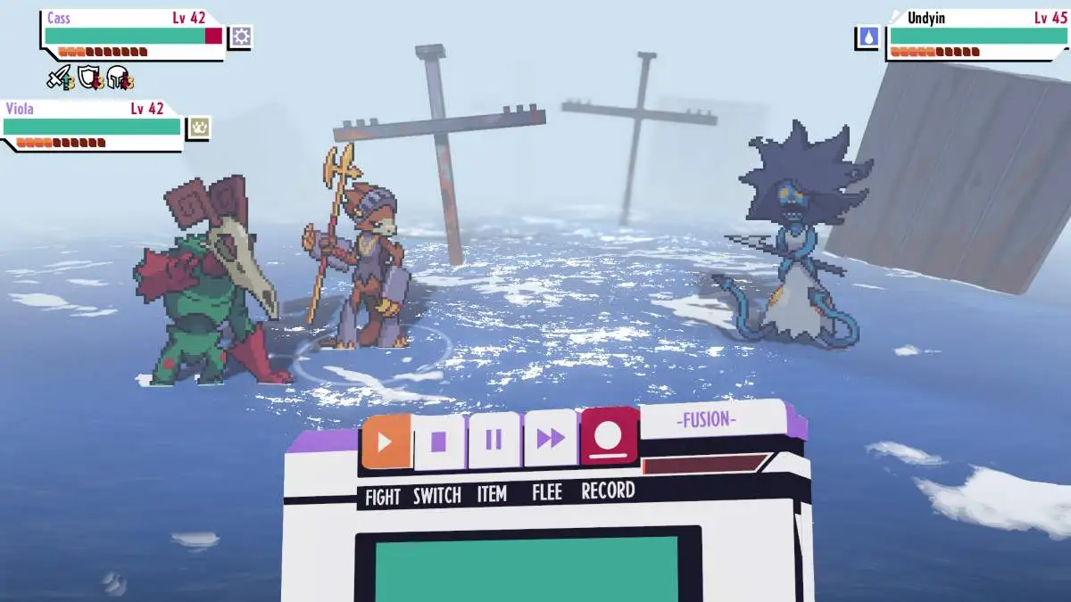 Screenshot of monster turn-based battling in Cassette Beasts