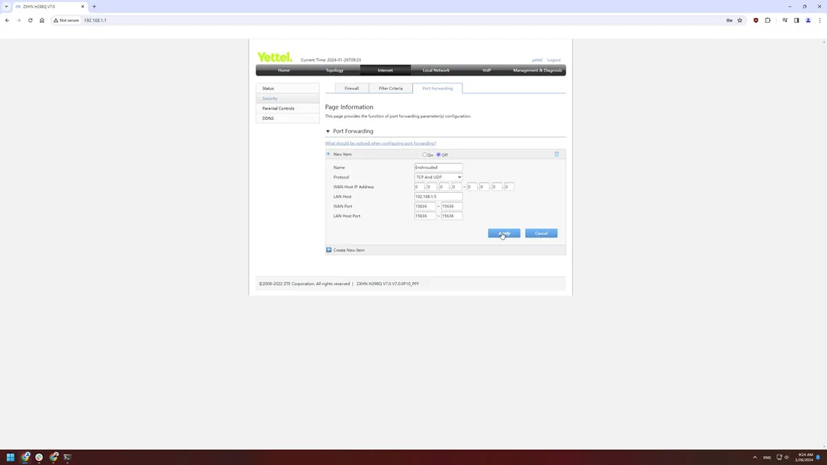 Port forwarding rule for Enshrouded