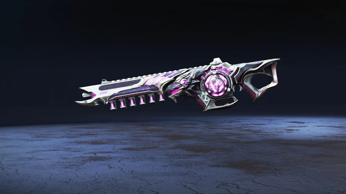 A white and purple Nemesis skin with curved edges and arcane, glowing purple insignia on the magazine.