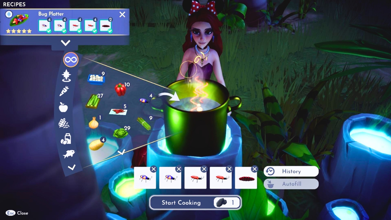 Woman crafting a Bug Platter in Disney Dreamlight Valley.