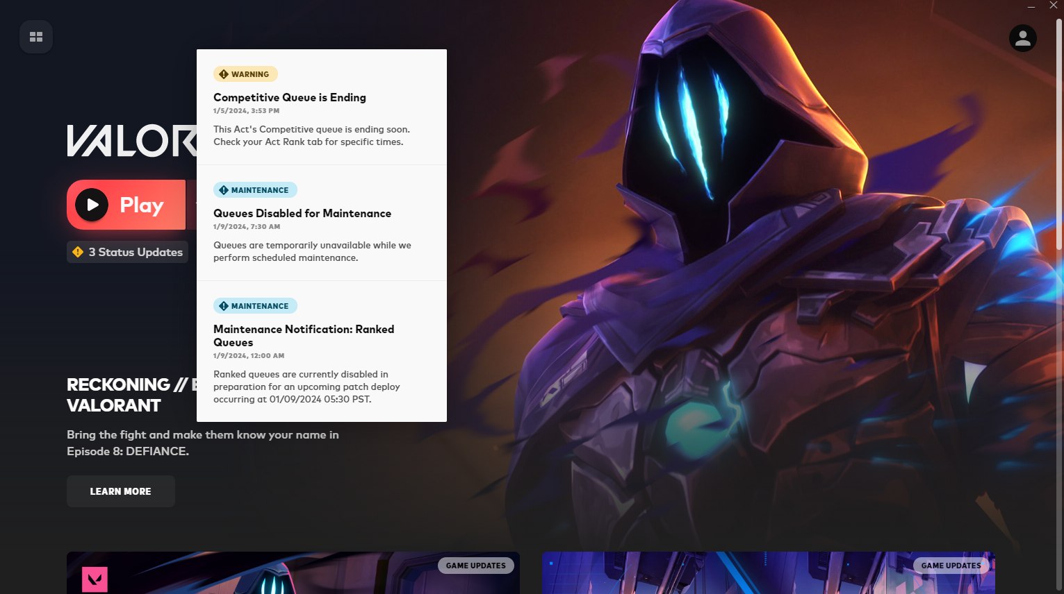 VALORANT launcher with several status updates alerting players to down queues.