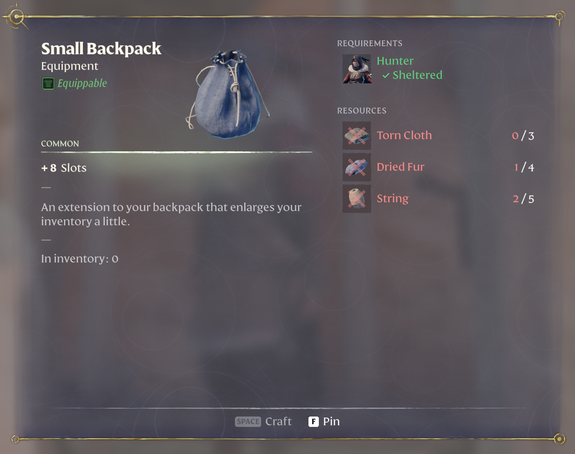 The recipe for a Small Backpack in Enshrouded.