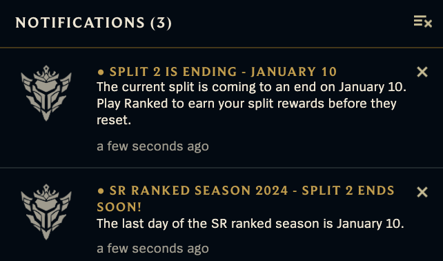 Notifications in LoL showing Split 2 of 2023 ends on Jan. 10, 2024.