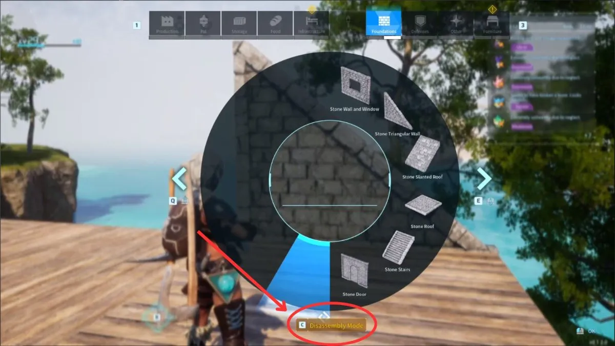 the wheel menu in palworld, showing readers where they can find the destroy structure button