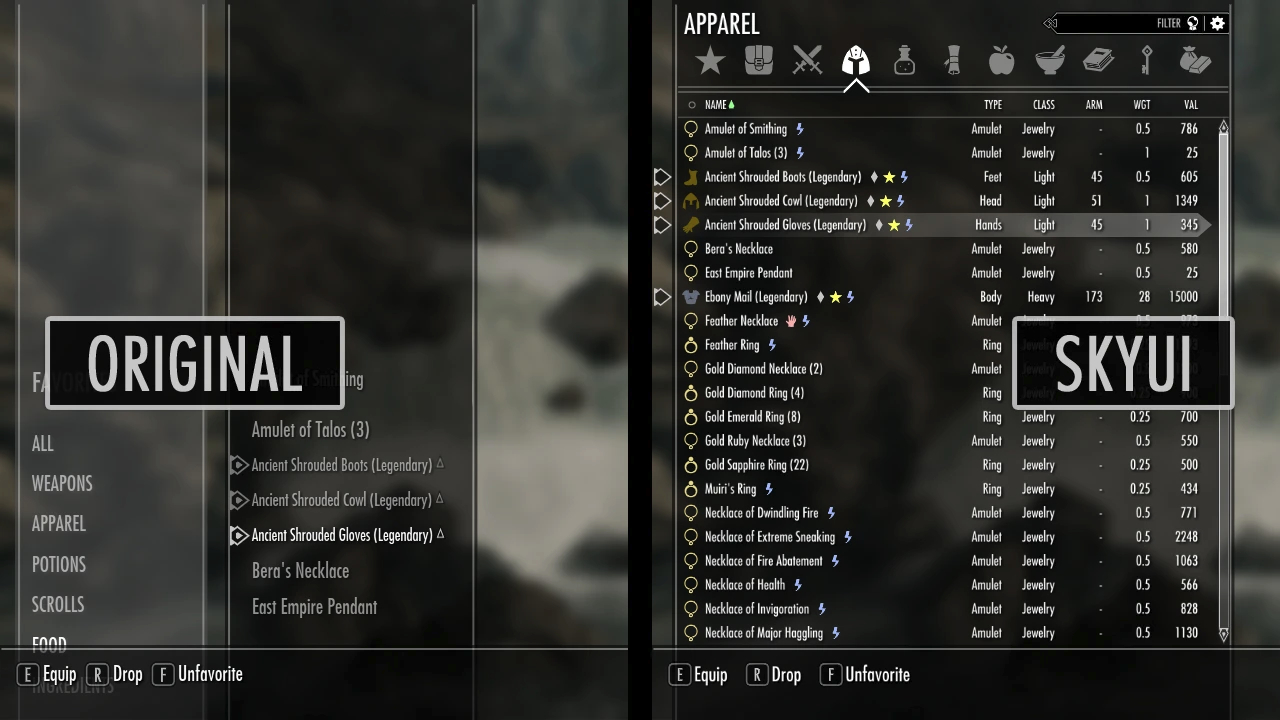 A SkyUI comparison in Skyrim.