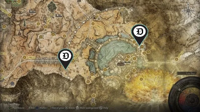 The steps to enter the capital city of Leyndell in Elden Ring, utilizing the Dot Esports icon, on the game's map.