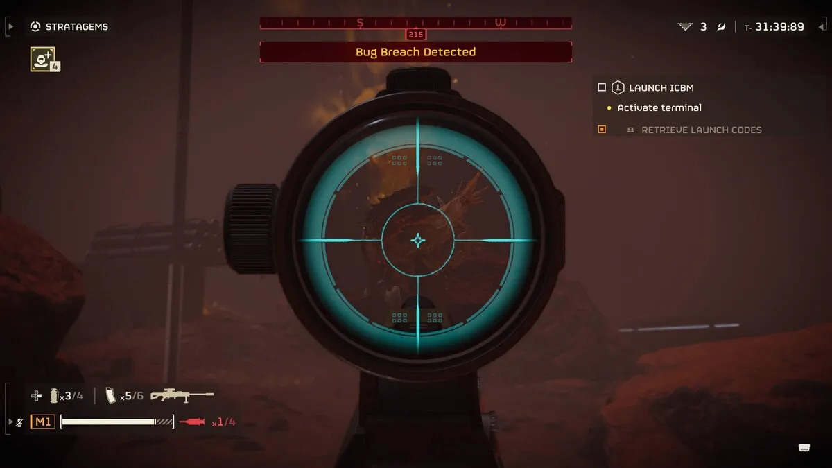 Anti-Material Rifle aiming at armored Terminid calling for reinforcements in Helldivers 2