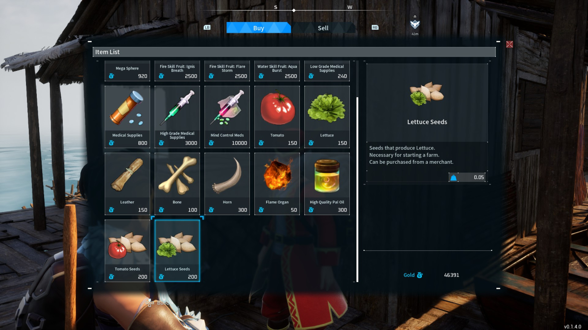 A Merchant's inventory in Palworld showing Lettuce Seeds for sale.