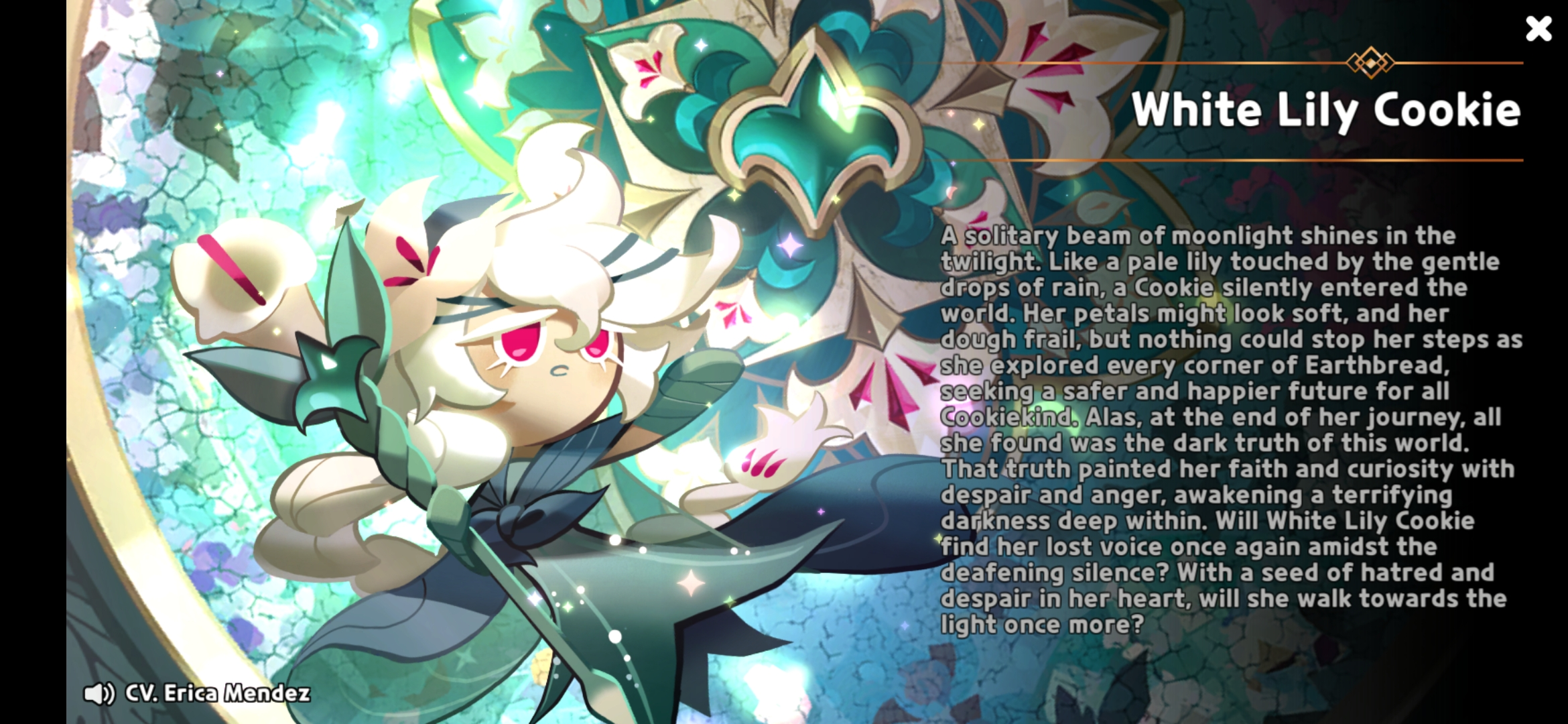 White Lily Cookie in Cookie Run Kingdom with her ability text