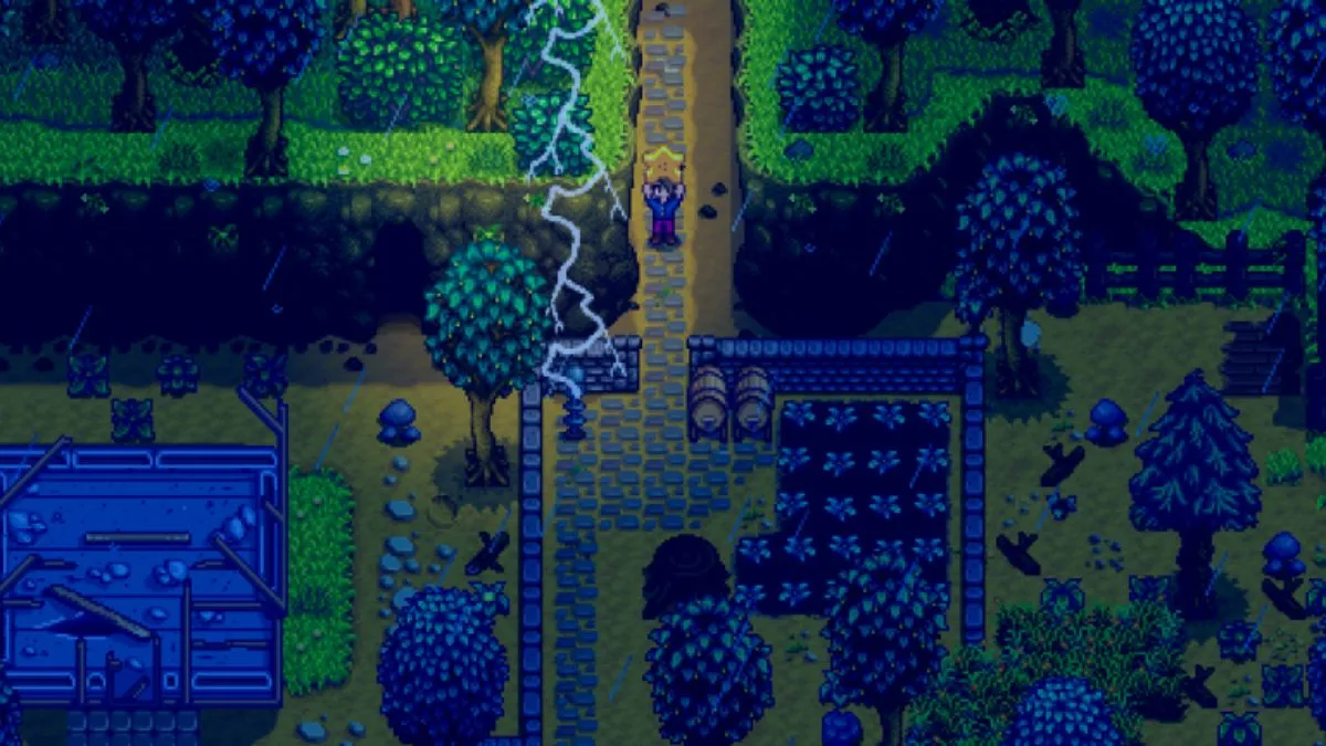 Stardew Valley farm at night with the player character, forested areas, and a bolt of lightning.