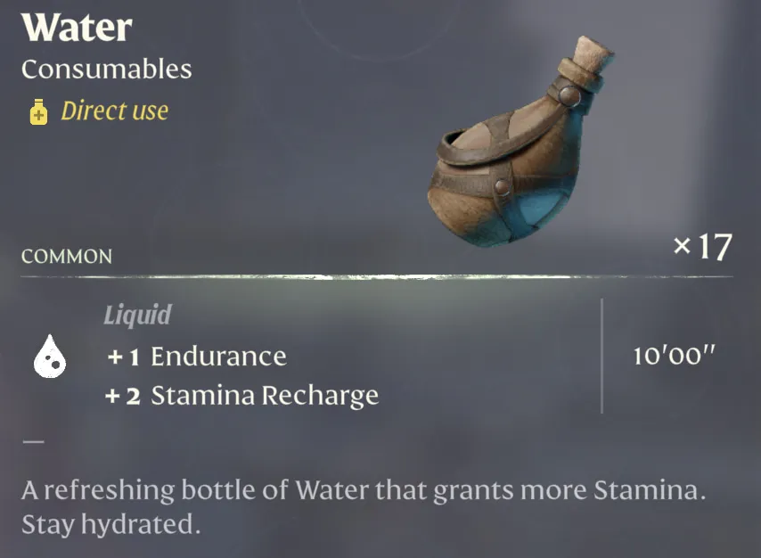 This screenshot from Enshrouded shows readers what water looks like and the boosts it gives.