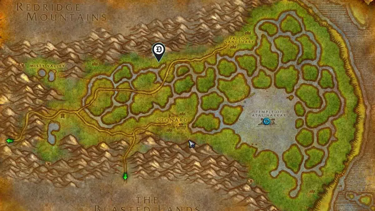 WoW SoD Swamp of Sorrows map with Shuriken Toss rune chest location pinned