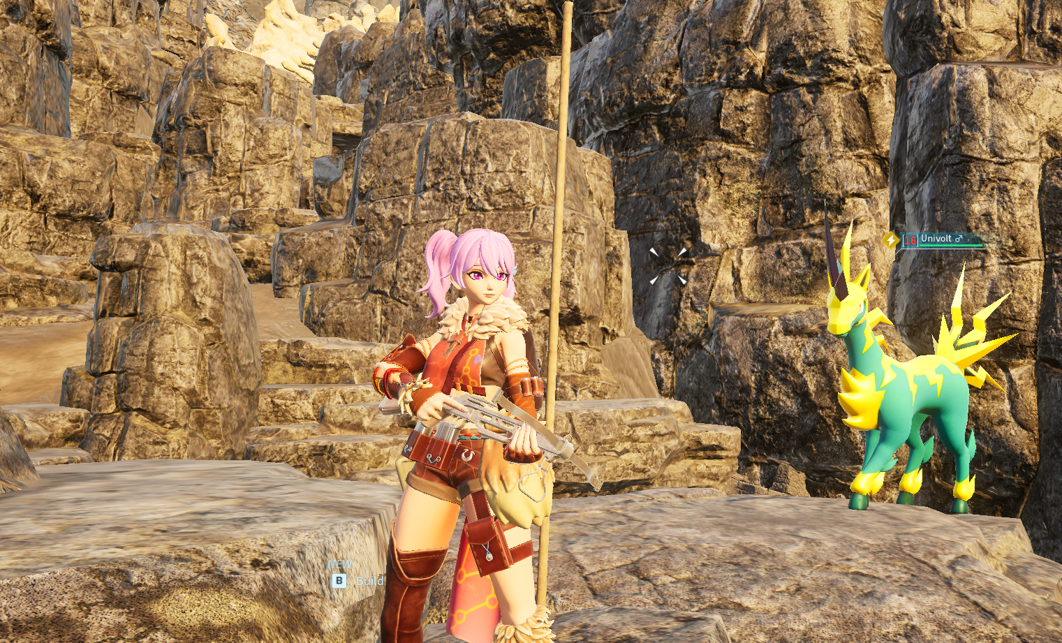 An image of a female character with pink hair holding a gun in Palworld