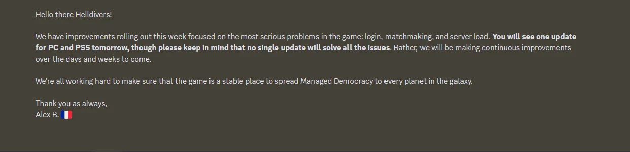 A screenshot of a Helldivers 2 developer message in the game's Discord server.