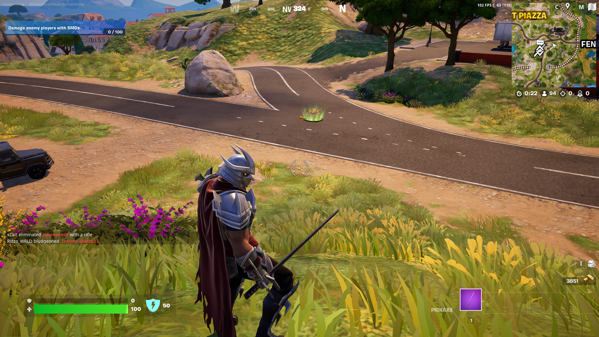 Shredder looks forward at a glowing green manhole cover in Fortnite