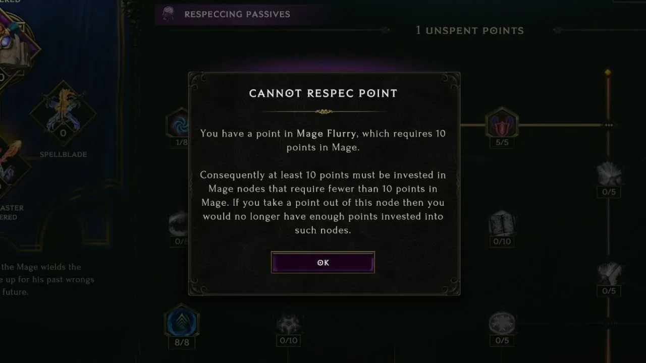 A screenshot of Last Epoch showing limitations of respec of early nodes in the passive tree.