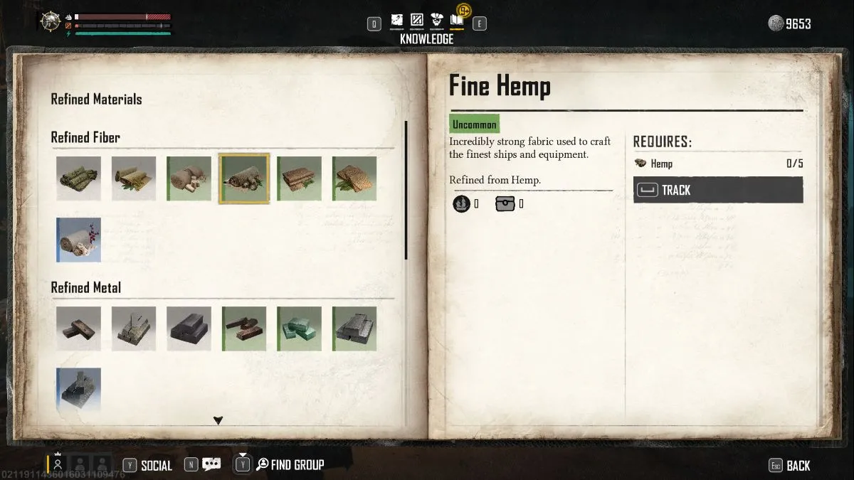 A screenshot of the Fine Hemp entry in the Skull and Bones codex.