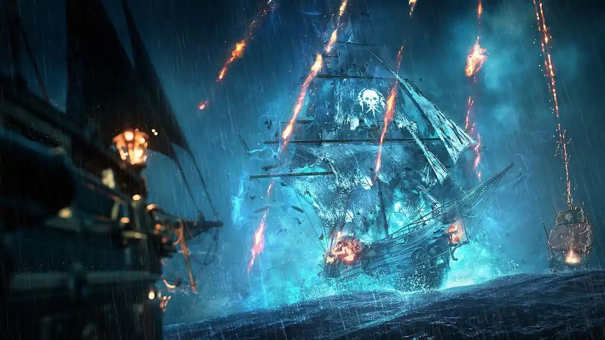 Pirate ship on fire during a ship battle in the storm