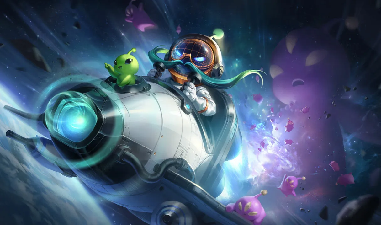 Corki flying through space.