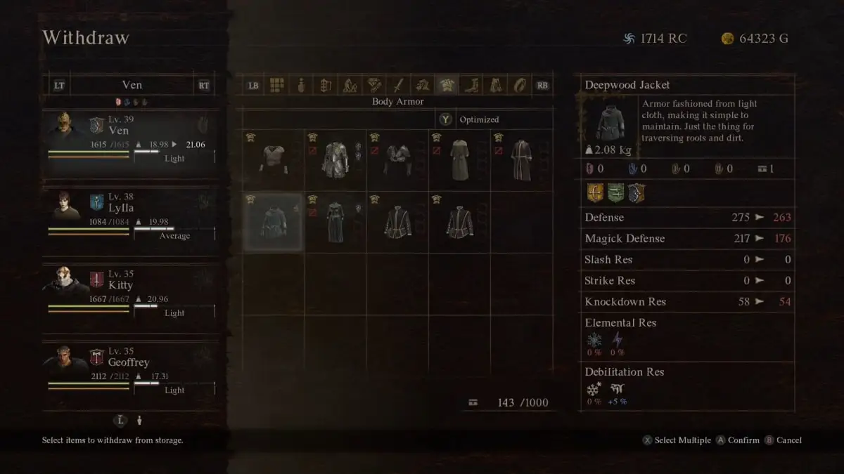 A screenshot showing the Deepwood Jacket in Dragon's Dogma 2.