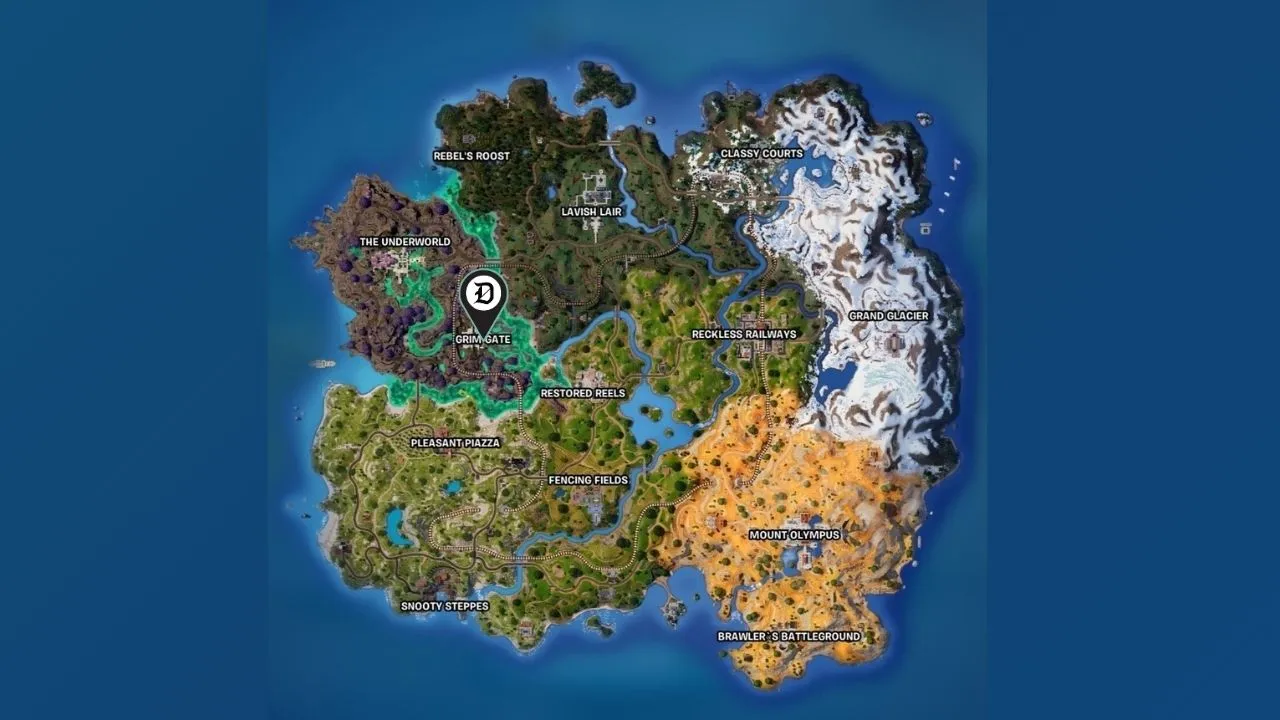 A picture of the Fortnite map with a pin marking the Grim Gate area.