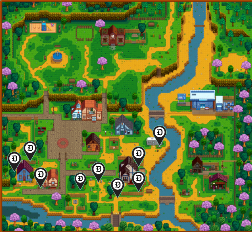 Image of the Pelican Town map in Stardew Valley showing the location of all eggs.