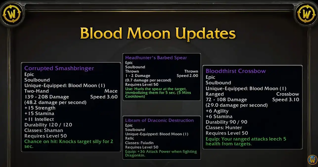 An overview of the many new items coming to the Blood Moon PvP event in phase three of SoD, including the Headhunter's Barbed Spear and Libram of Draconic Destruction.