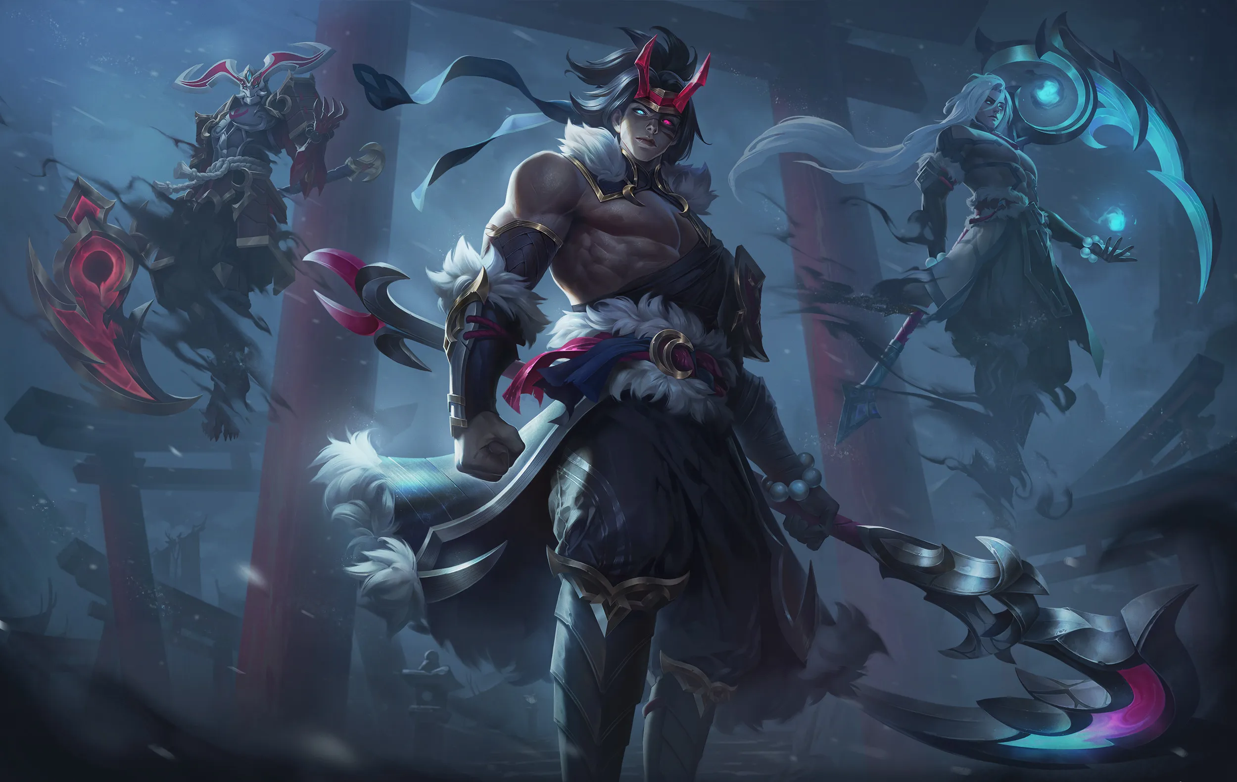 The Snow Moon Kayn skin from League of Legends, with a character wielding a pink and blue scythe.