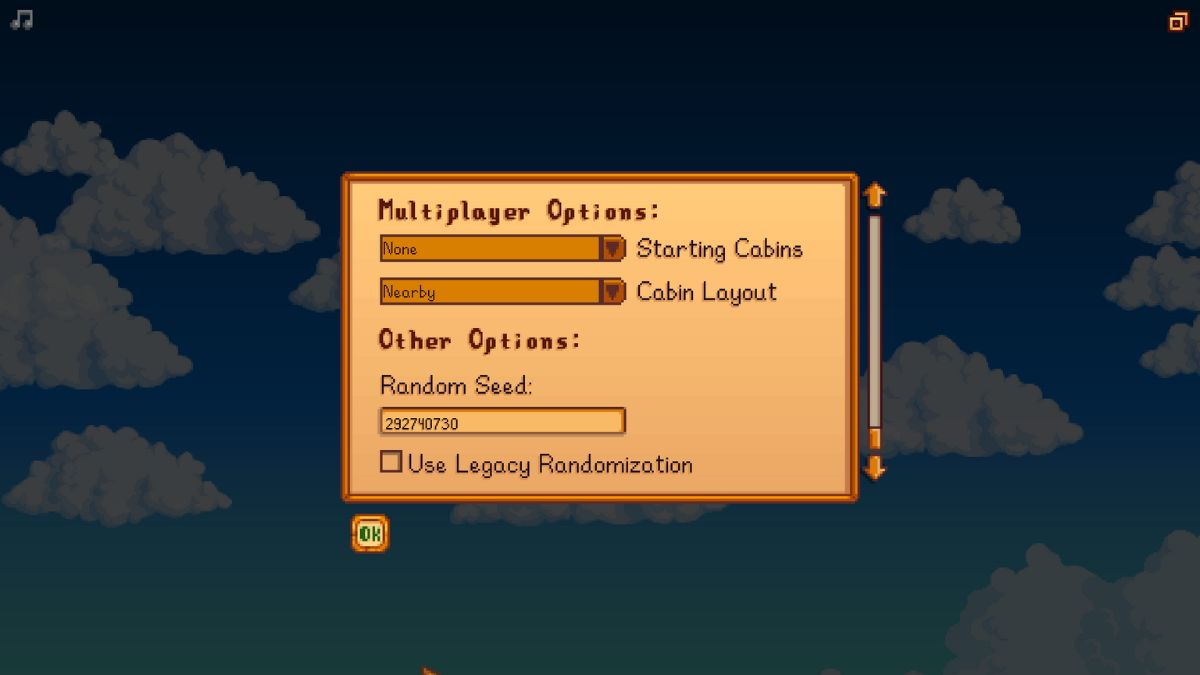 Screenshot of Stardew Valley World Seed screen with cloudy background.