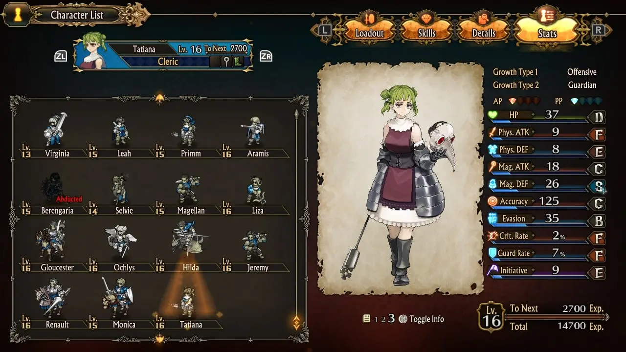 The base stats for the Cleric Tatiana in Unicorn Overlord, shown on the unit select screen