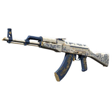 The AK-47 automatic rifle in CS2 painted in snow white with blue streaks all throughout. The magazine is also dark blue with a golden accent. 