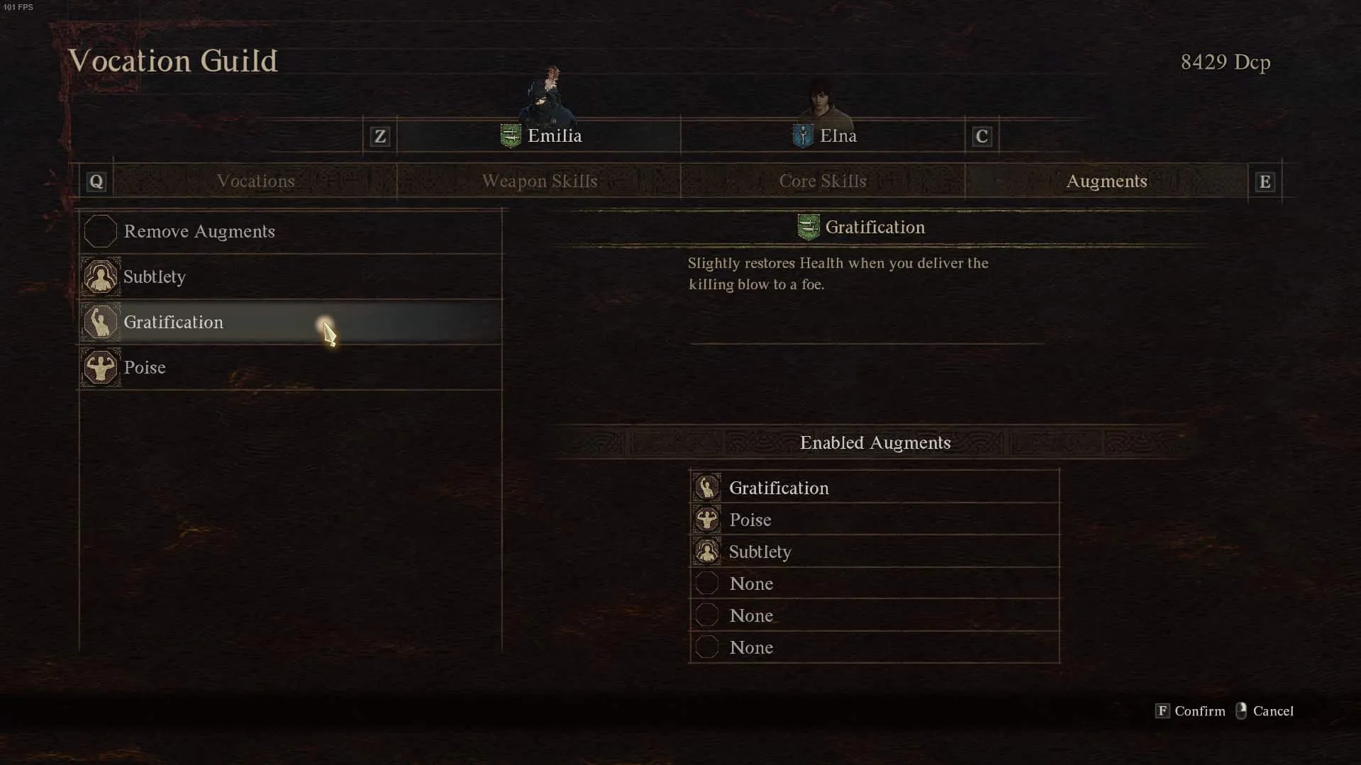 A screenshot from the Vocation Guild screen in Dragon's Dogma 2, showing augments.