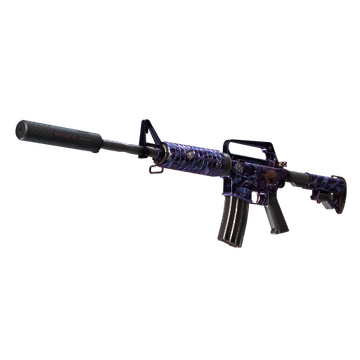 M4A1-s from CS2 painted in a metallic purple with flowers and lotuses drawn on its sides. 